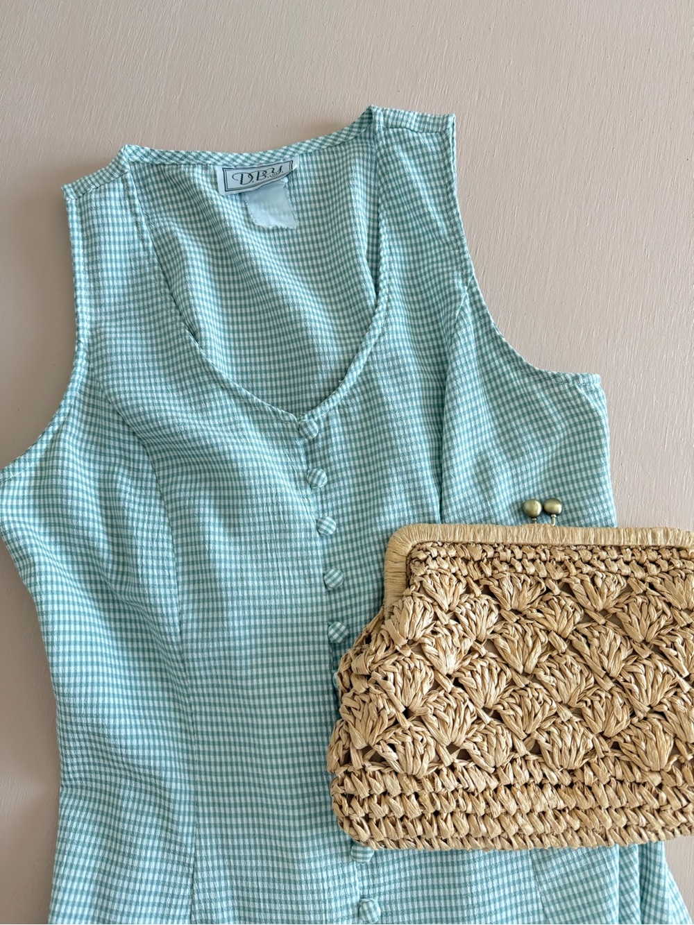 Vintage Sleeveless Button-Front Green Gingham Dress